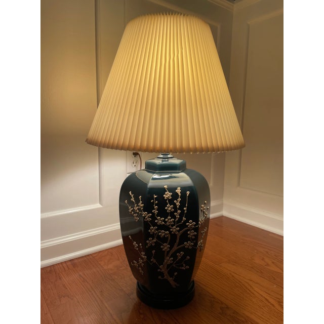 Vintage Blue Table Lamp With Applied Cherry Blossom Pattern For Sale - Image 12 of 12