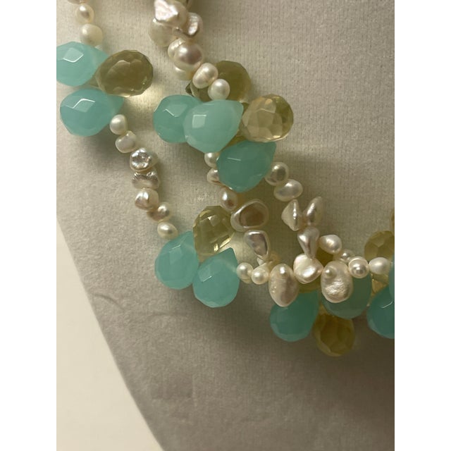 Arts & Crafts 1990s Gemstone Triple Aqua, Citron ,Pearl Necklace For Sale - Image 3 of 4