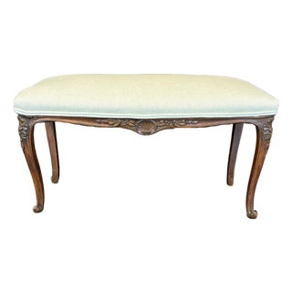 Antique French Louis XV Carved Walnut Bench With New Linen Upholstery For Sale
