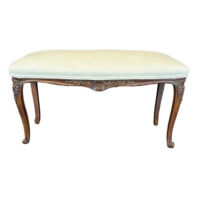 Antique French Louis XV Carved Walnut Bench With New Linen Upholstery For Sale