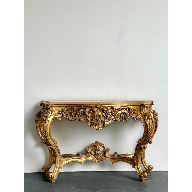 Wood Antique Giltwood Rococo Style Console Marble Top Table For Sale - Image 7 of 18