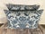 Pair of blue & white Fortuny cotton pillows with oatmeal colored Belgium linen backs. Down filled inserts, hidden zipper...