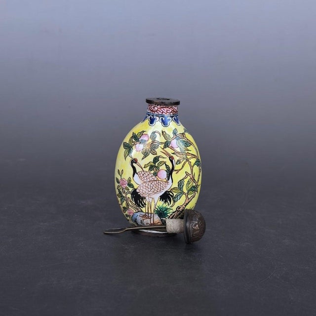Yellow Vintage Painted Enamel on Copper Snuff Bottle – Crane & Peach Motif For Sale - Image 8 of 9