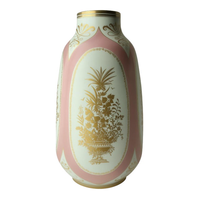 Large Vintage Lorenz Hutschenreuther German Porcelain Vase – 21” Tall, Pink & Gold Floral Panels For Sale