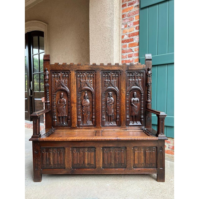 Antique English Gothic Hall Bench Carved Oak Medieval Knights Settle C1880 For Sale - Image 13 of 18
