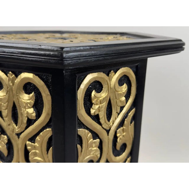 Hollywood Regency Moroccan Stye Side or End Table Black With Gold Design, a Pair For Sale - Image 9 of 12