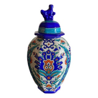1920s Charles Catteau Boch Freres Covered Vase With "Iznik" Polychrome Floral Decor For Sale