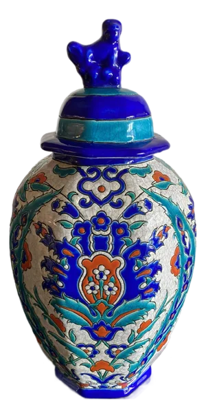 1920s Charles Catteau Boch Freres Covered Vase With "Iznik" Polychrome Floral Decor