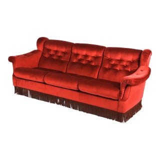 1960s Vintage Scandinavian Red Velour Three-Seat Sofa With Beech Feet For Sale