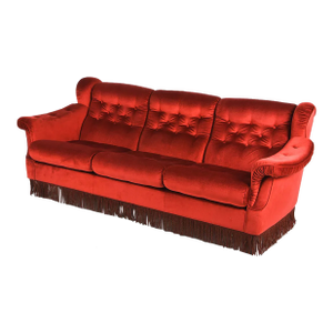 1960s Vintage Scandinavian Red Velour Three-Seat Sofa With Beech Feet