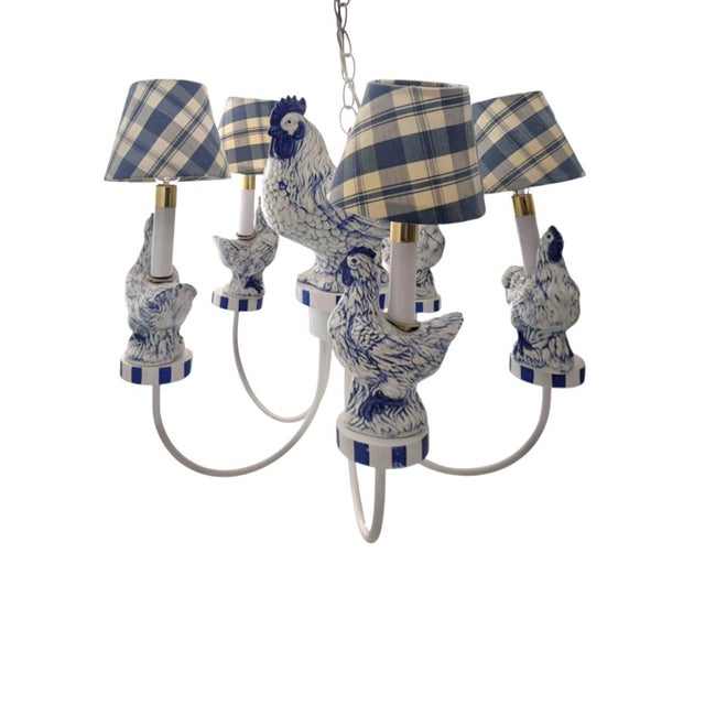 Wood Vintage Chandelier Blue White Ceramic Rooster Chicken French Country Lighting For Sale - Image 7 of 8