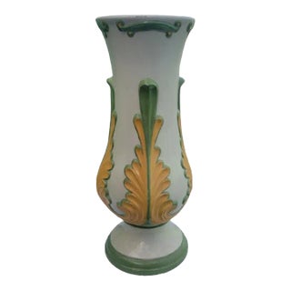 Vintage Large Green Yellow White Tropical Art Deco Vase or Vessel For Sale