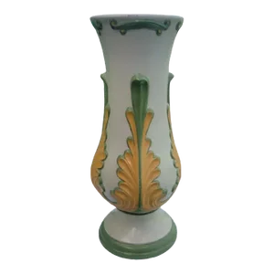 Vintage Large Green Yellow White Tropical Art Deco Vase or Vessel