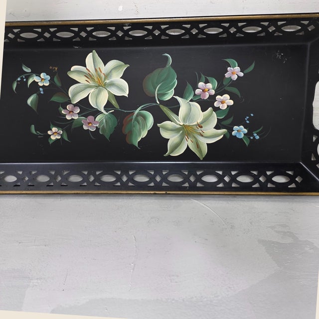 Mid Century Toleware Floral Tray Bar Cart Sever Black Oblong For Sale - Image 6 of 15