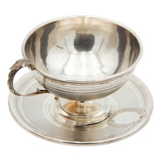Embossed Teacup with Guilloche Silver Saucer For Sale