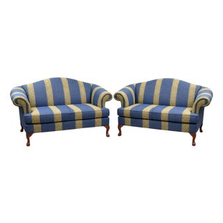Blue and Golden Striped Damask Upholstered Sofas, 1980, Set of 2 For Sale