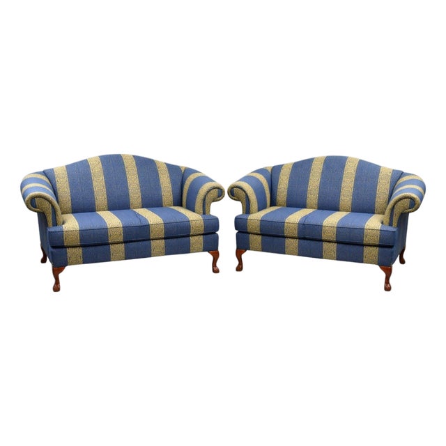 Blue and Golden Striped Damask Upholstered Sofas, 1980, Set of 2 For Sale