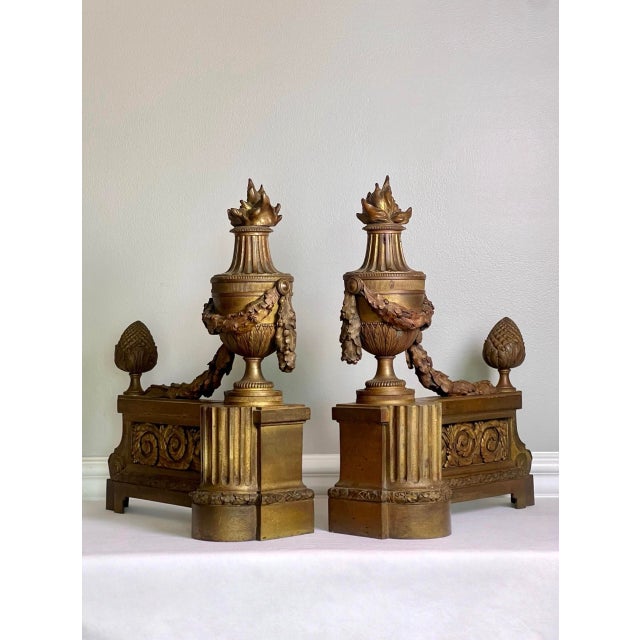 French Pair of French Gilt Bronze Chenets, Patinated, Louis XVI Style, 19th Century For Sale - Image 3 of 16