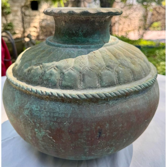 Large Vintage Metal Water Jug / Vessel With Hand Tooled Designs and Amazing Patina From India For Sale - Image 10 of 12