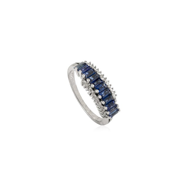 Art Deco 1920s Style 1.06 Ct Baguette Blue Sapphire & Diamond 14k Gold Band Ring Size 7 For Sale - Image 3 of 14