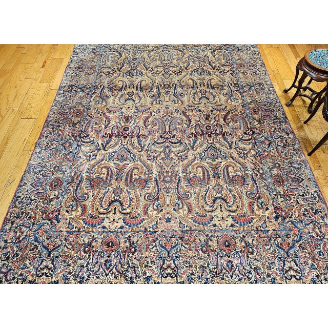 Antique Persian Kerman Lavar Rug, Hand-Knotted Wool, All-Over Floral Pattern, Ivory & Blue, 9x12 For Sale - Image 15 of 16