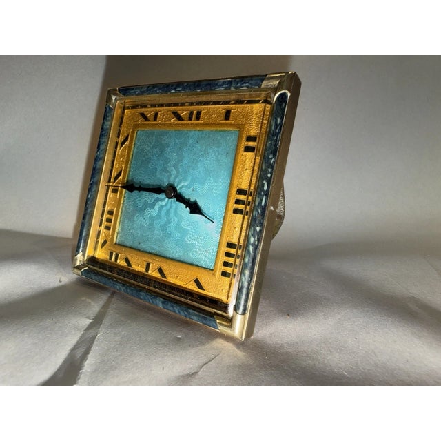 Antique Swiss Art Deco Travel or Desk Clock With Guilloché Enamel For Sale In Los Angeles - Image 6 of 15