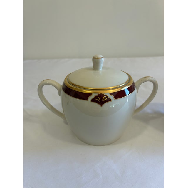 Art Deco Vintage Pickard Ensemble Burgundy Sugar Bowl and Creamer, 2 Pieces For Sale - Image 3 of 12