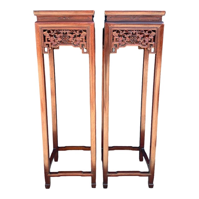 Antique Chinese Hand Carved Rosewood Pedestal Stands Pair For Sale