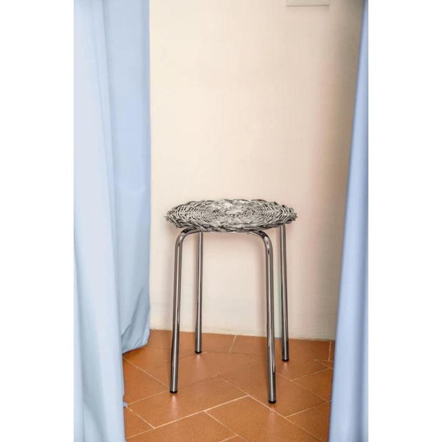 Contemporary El 01 Stool in Metal-Plated Hand-Woven Wicker by Caspal For Sale - Image 3 of 9