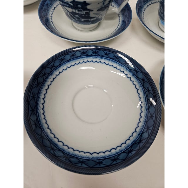 1990s Mottehedeh Blue Canton Cups and Saucers - Set of 8 For Sale - Image 5 of 5