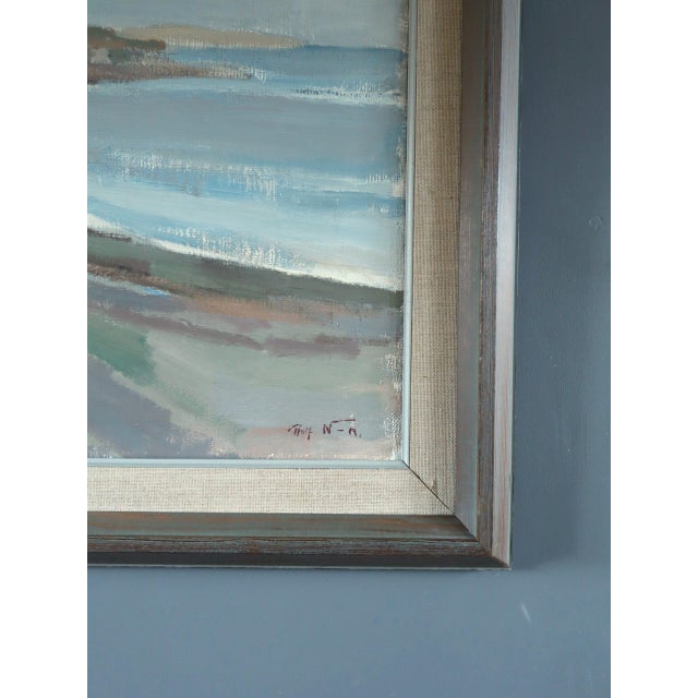 Textile 1957 Mid-Century Modern 'Calm Coast' Vintage Swedish Original Coastal Landscape Oil Painting, Framed For Sale - Image 7 of 12