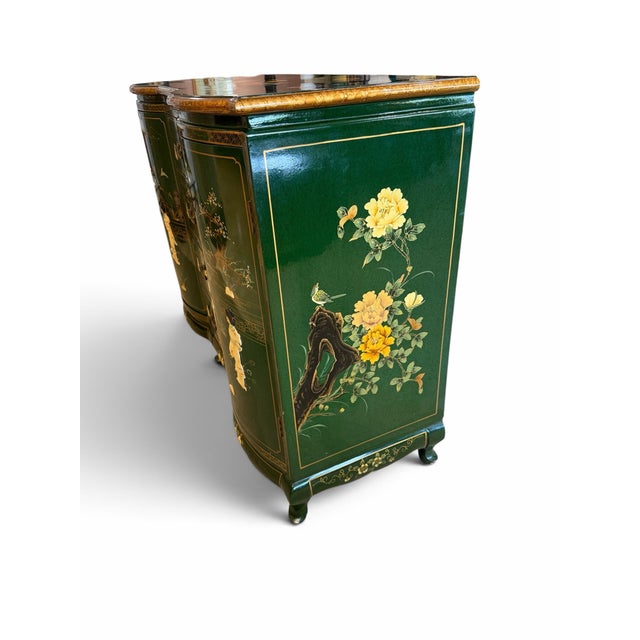 Wood Vintage Chinese Green Lacquered Serpentine Credenza / Sideboard With Soapstone Inlay For Sale - Image 7 of 12