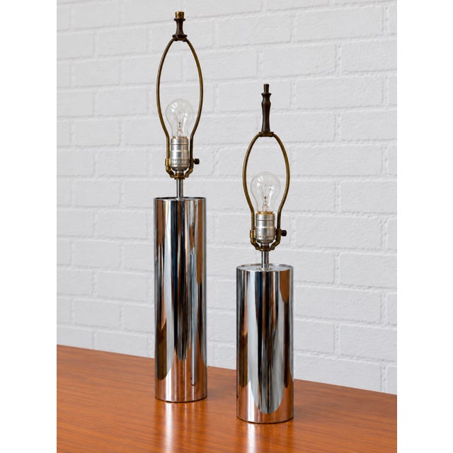 Mid Century Modern Vintage Chrome Cylinder Table Lamps, Set of 2, C. 1970's For Sale - Image 4 of 12