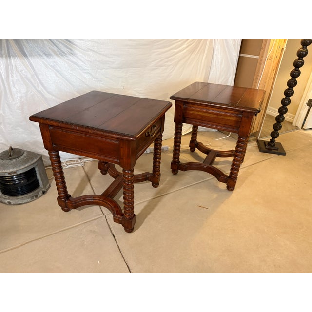 Brown Set of 2 Solid Wood Bobbin Spindle Spool Side Tables For Sale - Image 8 of 11