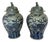 Pair Monumental Blue & White Chinese Porcelain Covered Dragon Temple Jars With Foo Dog Finials, 23” H For Sale