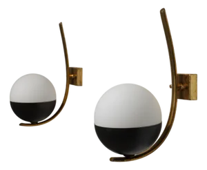 Italian Wall Sconces in Brass and Opaline Glass, 1950s, Set of 2