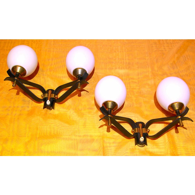 Mid-Century Modern Mid 20th Century Mid-Century Modern Maison Arlus, Black Brass and Opaline Sconces, France - A Pair For Sale - Image 3 of 3
