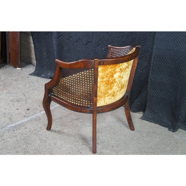 Wood Mid 20th Century French Walnut Caned Tufted Velvet Barrel Back Bergere Club Lounge Armchair For Sale - Image 7 of 10