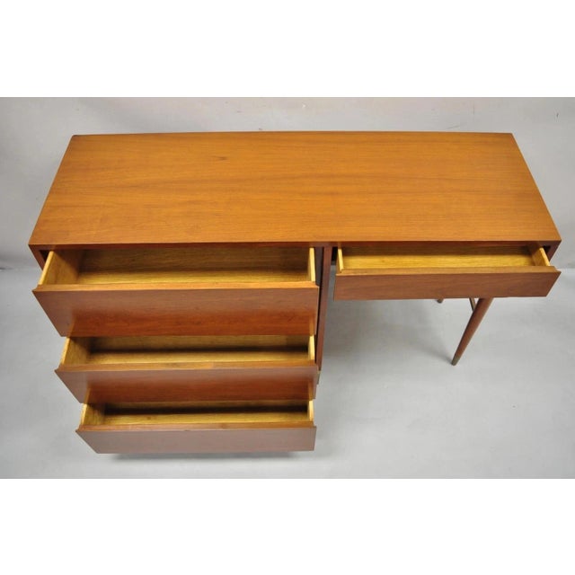 Vintage Mid Century Modern Walnut Brass Base Modernist Kneehole Writing Desk For Sale In Philadelphia - Image 6 of 12