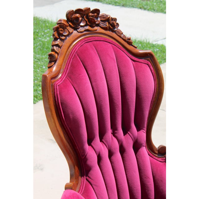 Vintage Victorian Revival Mahogany His & Hers Parlor Chairs Red Velvet Pair For Sale - Image 10 of 18