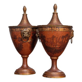 Pair of Italian 19th Century Napoleon III Lacquered Tin Lidded Vases with Scenes For Sale