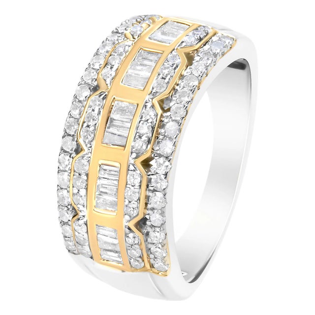 10K White and Yellow Gold 1.00 Cttw Baguette and Round cut Diamond Art Deco Multi-Row Ring Band (I-J Color, I1-I2 Clarity) - Ring Size 6 For Sale