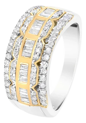 10K White and Yellow Gold 1.00 Cttw Baguette and Round cut Diamond Art Deco Multi-Row Ring Band (I-J Color, I1-I2 Clarity) - Ring Size 6