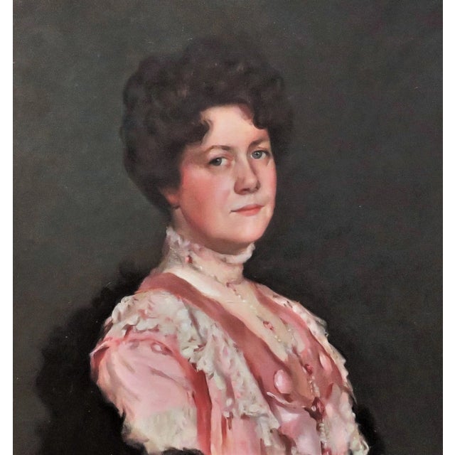 Victorian Early 20th C. Portrait Oil Painting of a Woman Lady Antique Victorian Signed Samuel Burtis Baker For Sale - Image 3 of 10