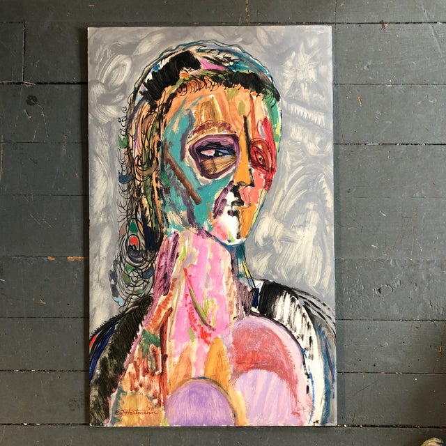 1970s Original Vintage E.J.Hartmann Modernist Abstract Portrait Painting 1970’s Signed For Sale - Image 5 of 5