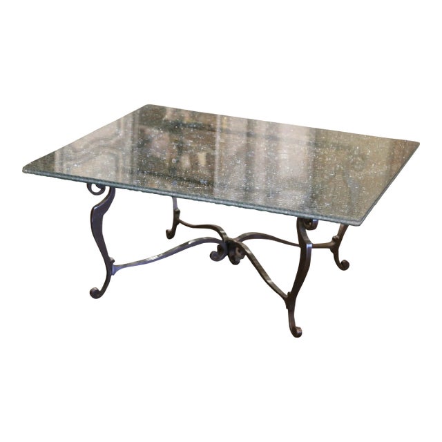 Mid-Century French Iron Coffee Table With Crackle Glass Top For Sale