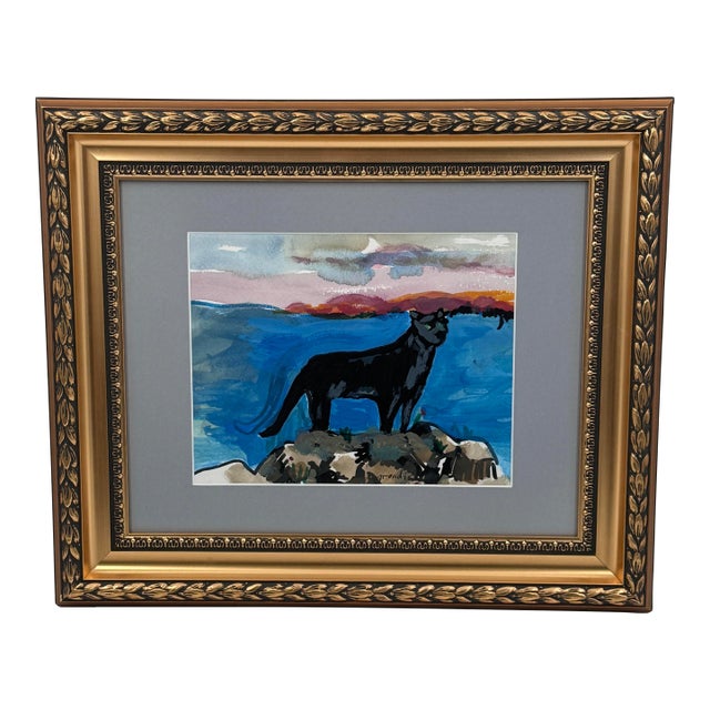Barbara Grandis Signed Panther Landscape Watercolor & Gouache on Paper For Sale