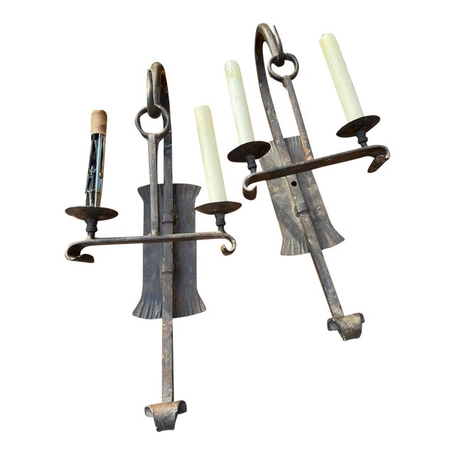 1990s Pair of Dennis and Leen Wrought-Iron Double Sconces For Sale