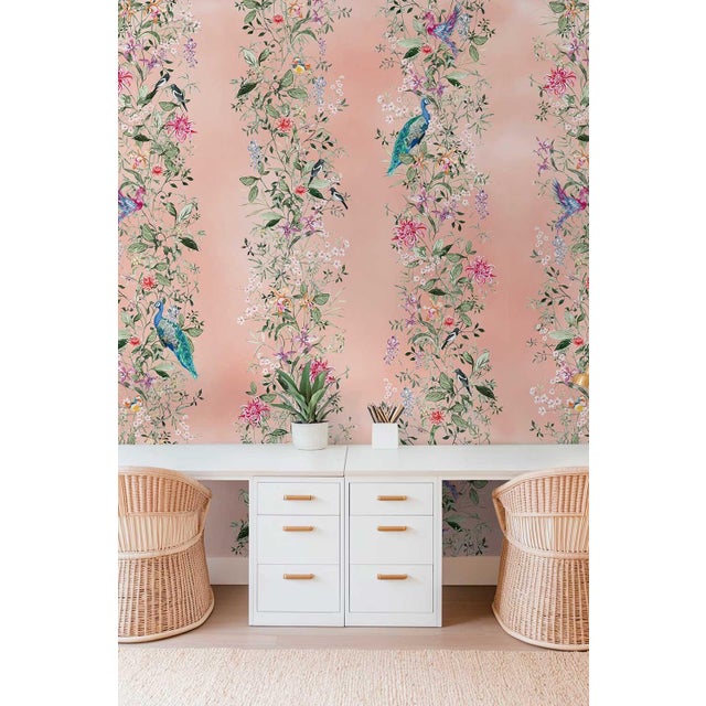 Textile Mahjong Floral Stripe Grasscloth Wallpaper by House Party | Coral Crack | 6 Yards For Sale - Image 7 of 7