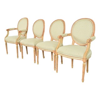 Baker Furniture French Regency Louis XVI Cream and Pink Lacquered Dining Chairs, Set of Four For Sale